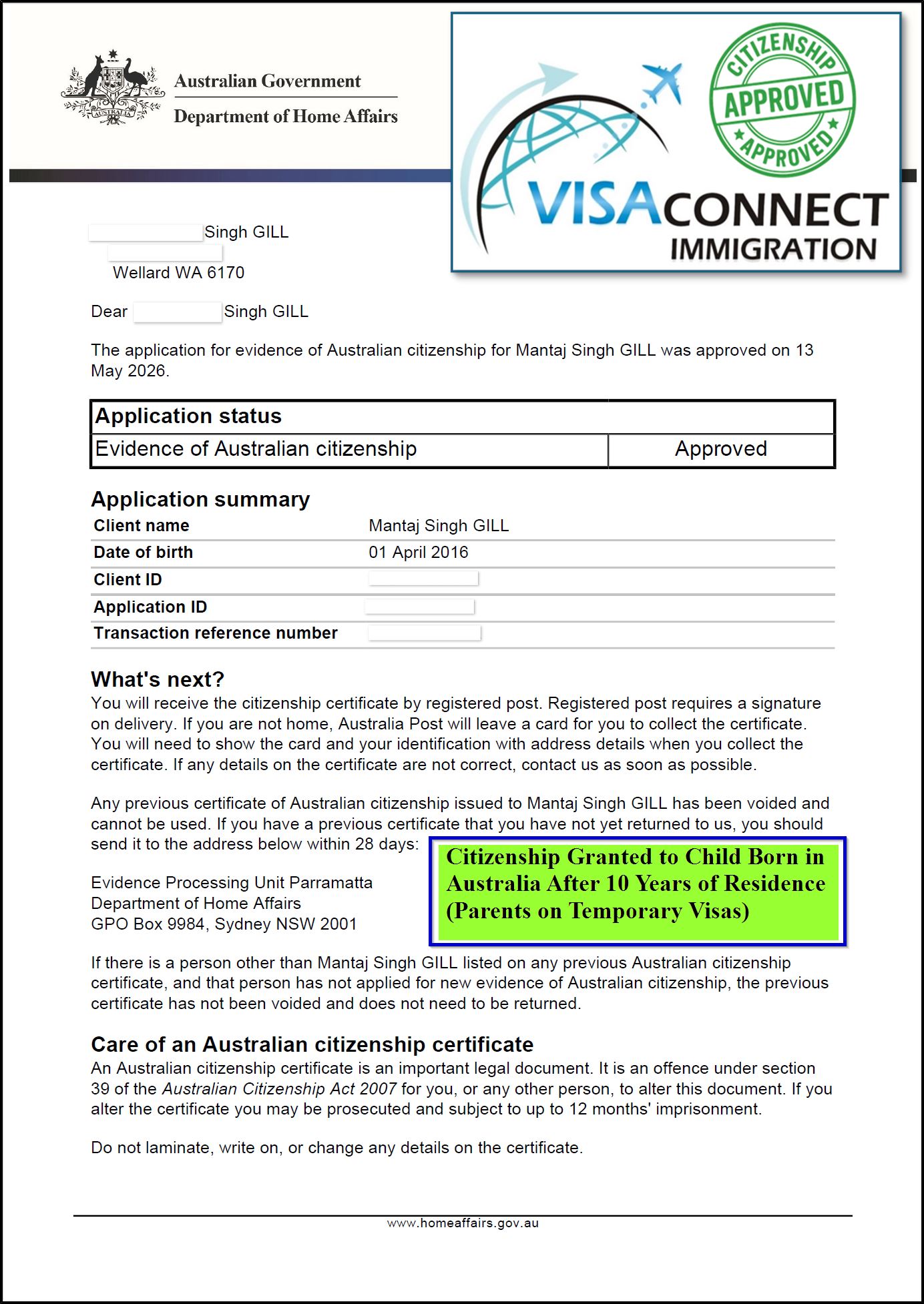 Visa Grant